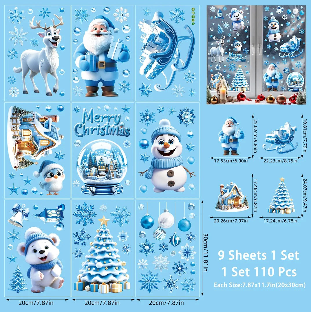 Ensemble de stickers Noël pour fenêtres – modèles bleus et roses, parfaits pour vitrines et maisons.