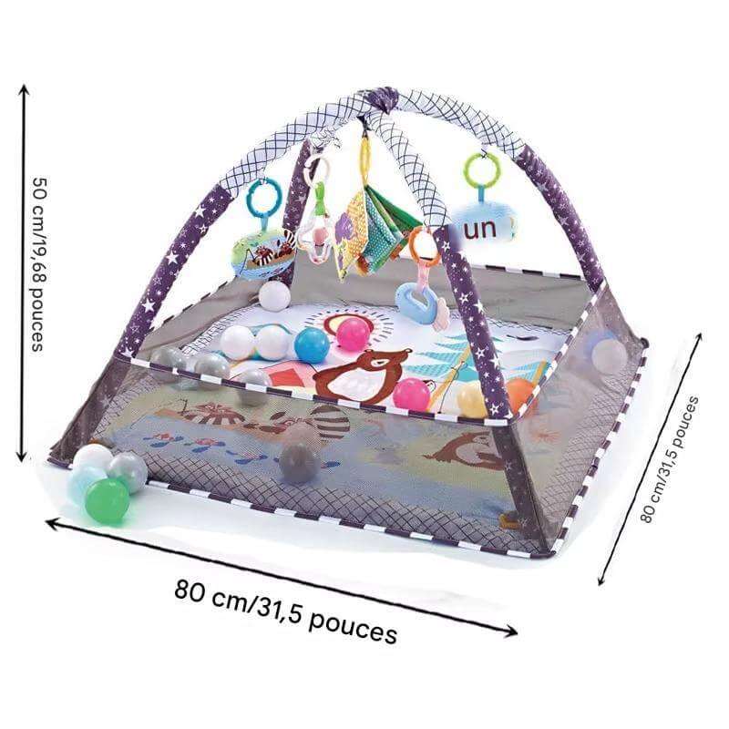 "Dimensions du tapis d'éveil : 50 cm (19,68 pouces) sur 80 cm (31,5 pouces).