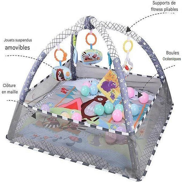 "Tapis d'éveil avec jouets suspendus amovibles, clôture en maille et supports de fitness pliables incluant des boules océaniques."