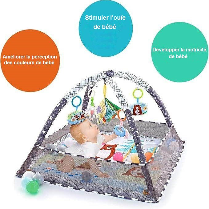 Tapis d'éveil conçu pour stimuler l'ouïe, la perception des couleurs et la motricité de bébé."
