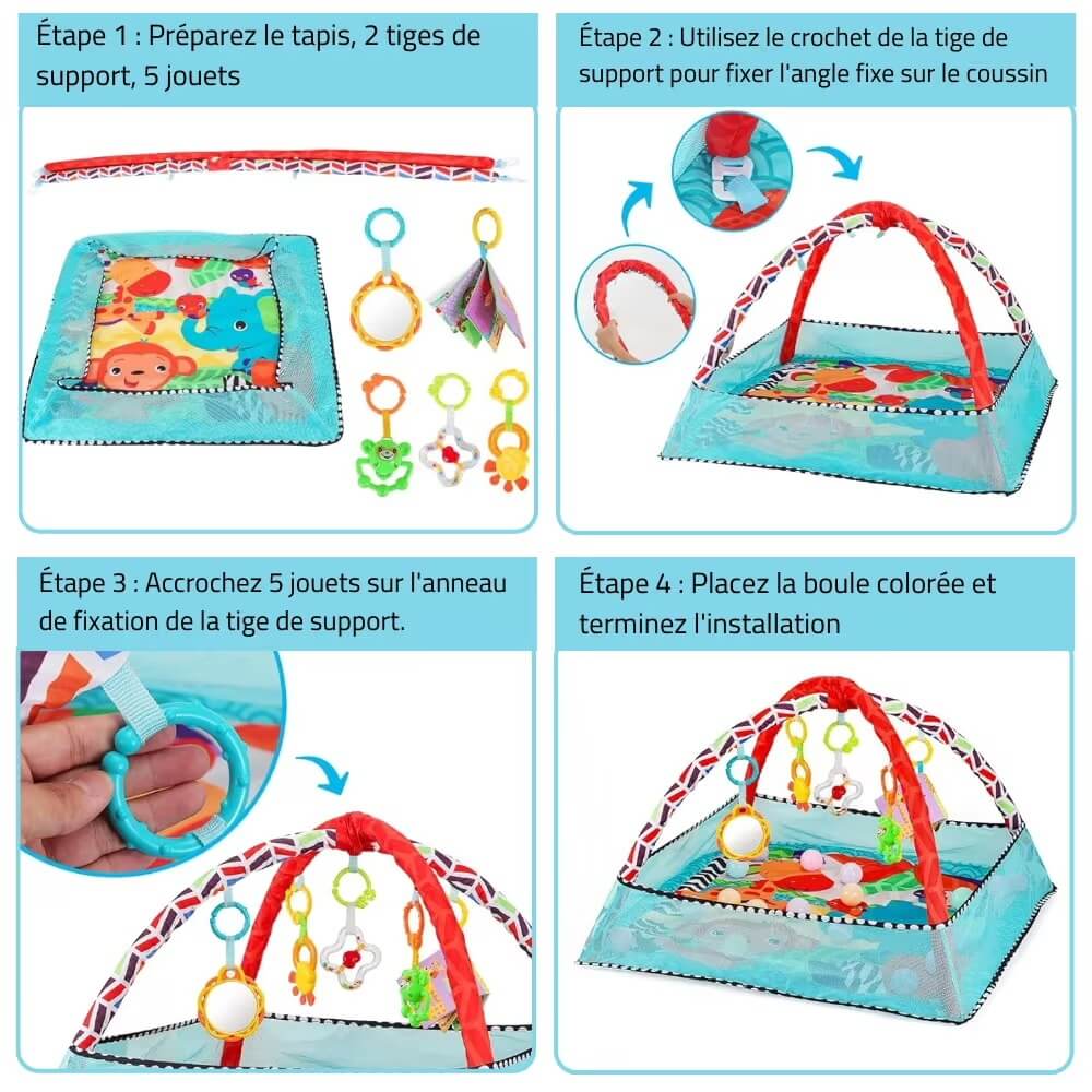 Instructions d'installation du tapis d'éveil en 4 étapes simples avec tiges de support et jouets accrochés."