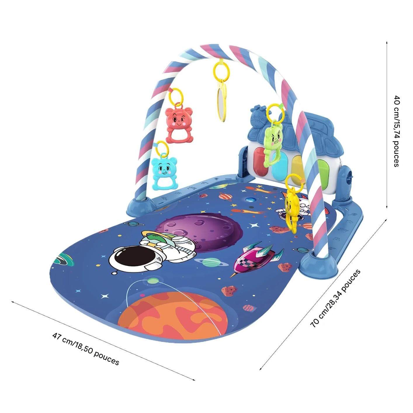 Jouets suspendus du Tapis d'Éveil Bébé - Petit Astronaute™ sur une aire de jeu de 40 x70x47 cm, idéal pour stimuler l'éveil du bébé