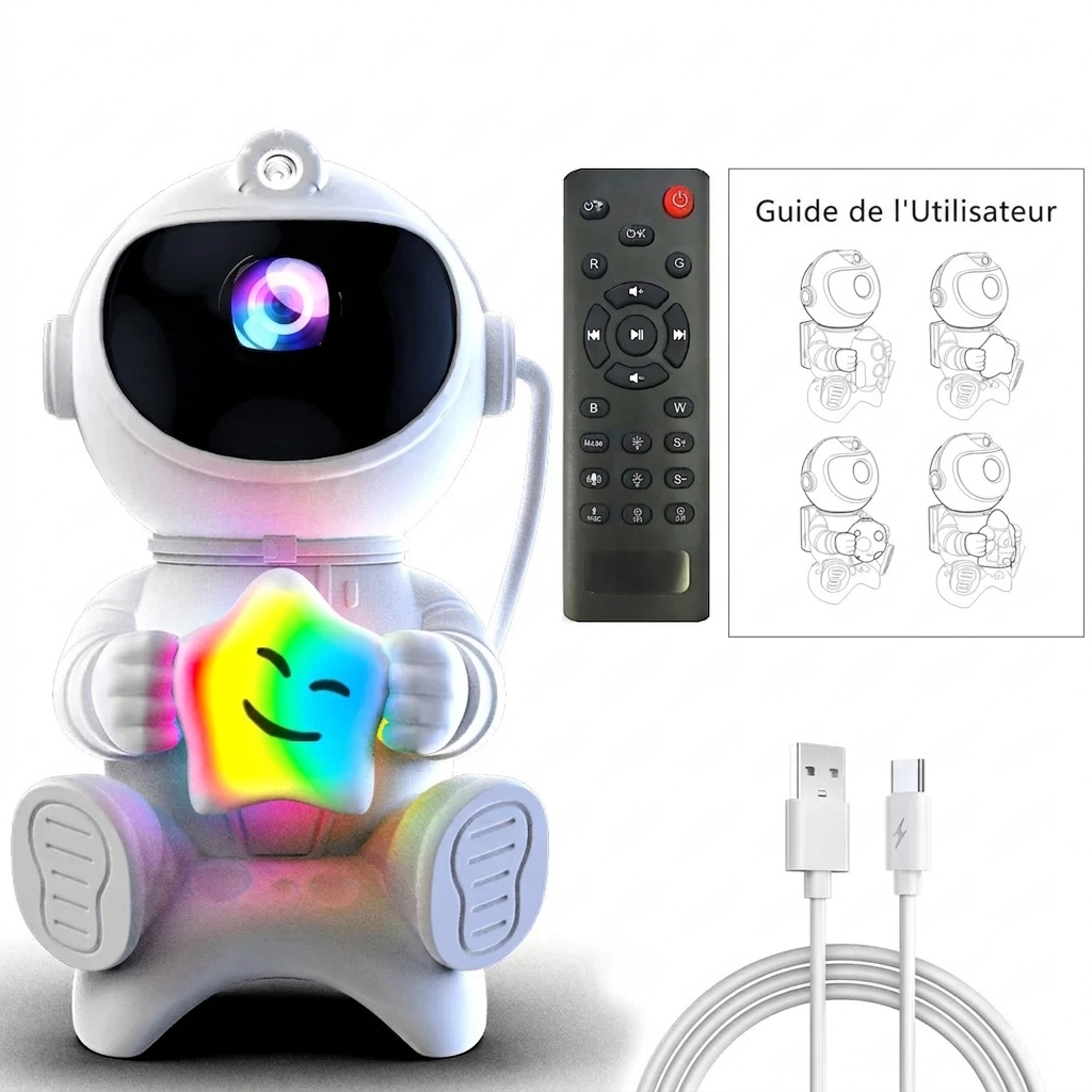 Veilleuse bébé projecteur astronaute Bluetooth diffusant une étoile lumineuse et des effets de galaxie colorés pour créer une ambiance relaxante dans la chambre de bébé.