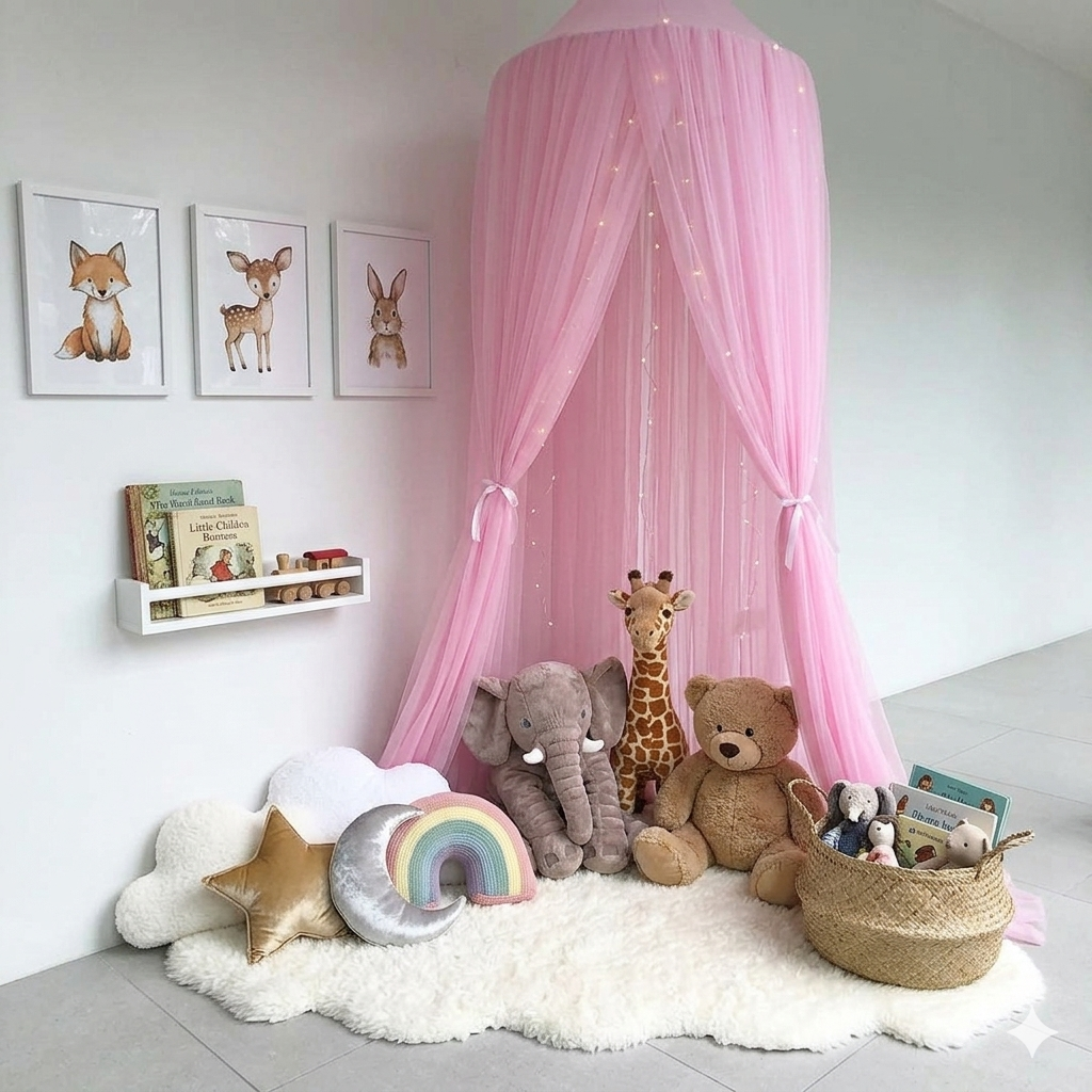 Ciel de lit bébé rose style princesse pour une chambre chaleureuse et élégante