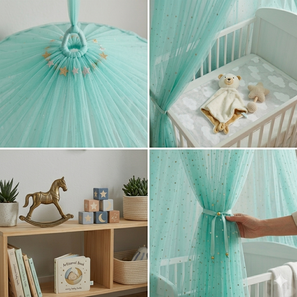 🌿 Ciel de lit bébé Green Star™ vert naturel pour une chambre douce et apaisante
