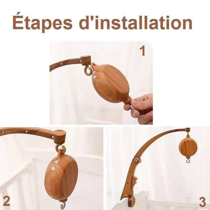Installation simple et rapide du mobile bébé boîte à musique sur le lit de votre enfant, sans outils nécessaires."