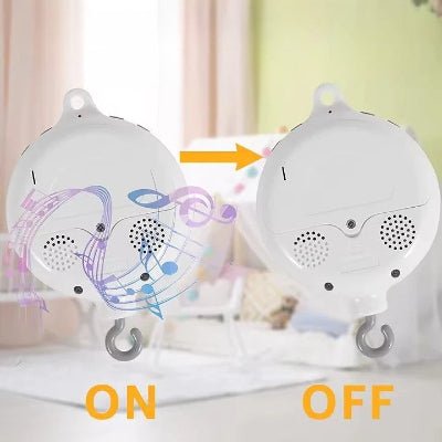 Boutons ON et OFF du mobile bébé, permettant d'activer ou de désactiver facilement la musique et le mouvement."