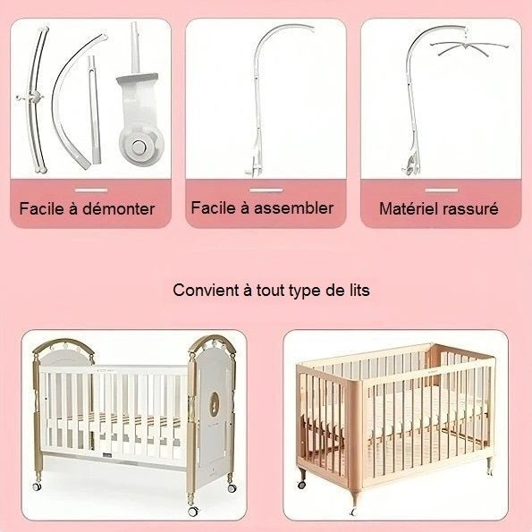 Support mobile bébé compatible avec différents types de lits : barreaux, berceau ou parc bébé"