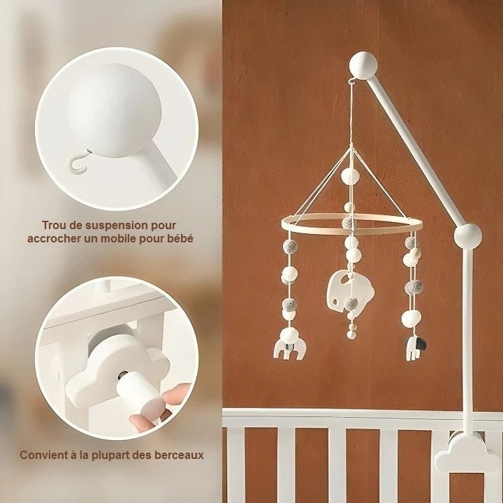 Support LittleCloud avec mobile suspendu, illustrant la stabilité parfaite et la facilité d’adaptation du produit