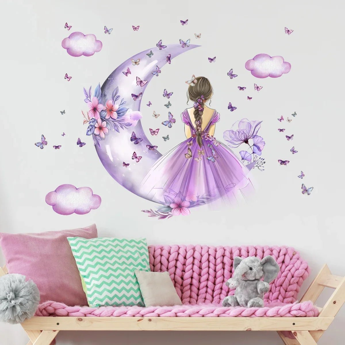 Stickers muraux chambre princesse - Décoration féerique avec papillons et lune pour chambre d'enfant"