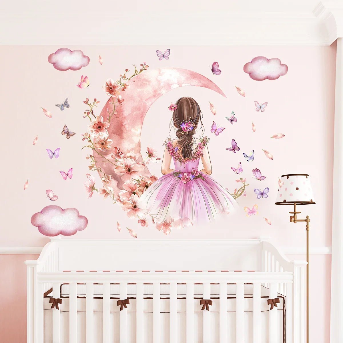 Sticker mural chambre fille - Papillons et lune magique pour décoration murale enfant