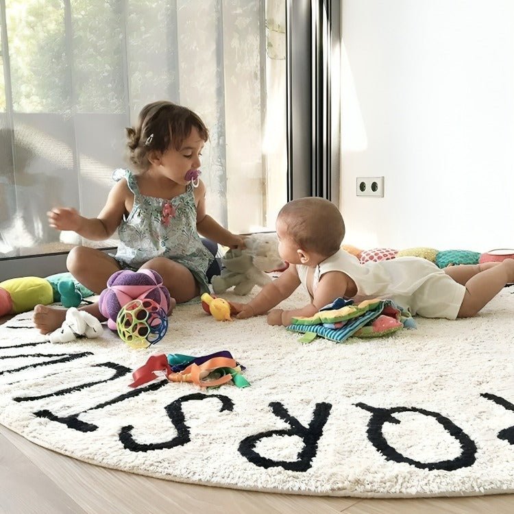 Bébé souriant allongé sur le tapis Alphabet Ring, en train de jouer avec des jouets éducatifs.