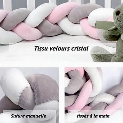 Tresse De Lit Bébé - Graypearl Pink™ en velours cristal gris-rose et blanc, confectionné à la main avec des sutures manuelles pour un design élégant et doux. Idéal pour apporter confort et sécurité à votre bébé tout en ajoutant une touche de style à la chambre