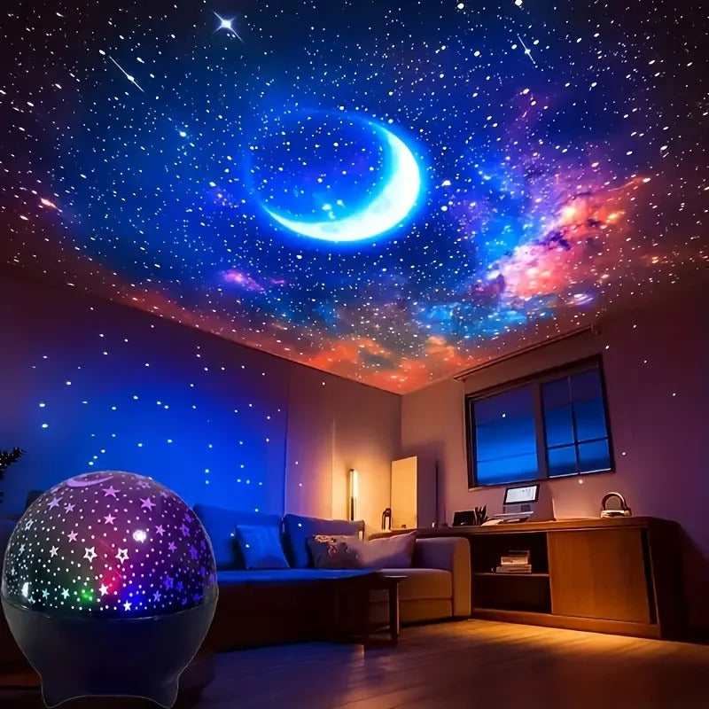 Veilleuse bébé projecteur galaxie avec étoiles lumineuses projetées au plafond, lumière douce et apaisante pour favoriser le sommeil et le confort de bébé. ✨🌟🌙