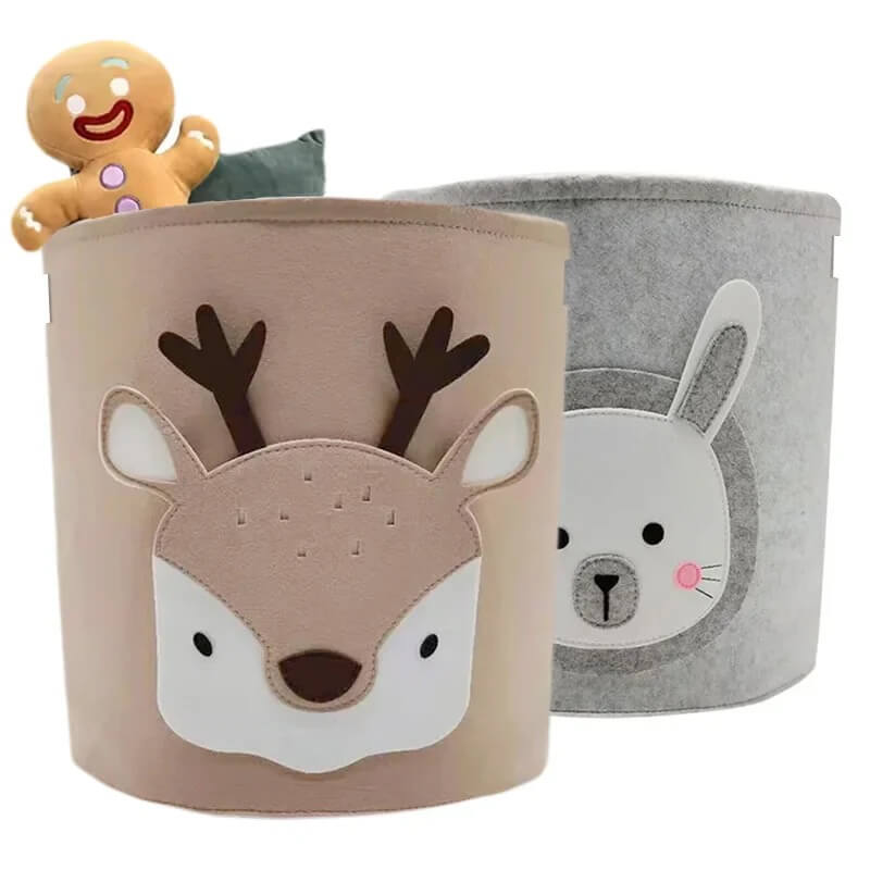 boite de rangement enfant en coton 100 % avec motif animalier ludique, idéal pour organiser jouets et vêtements dans la chambre.