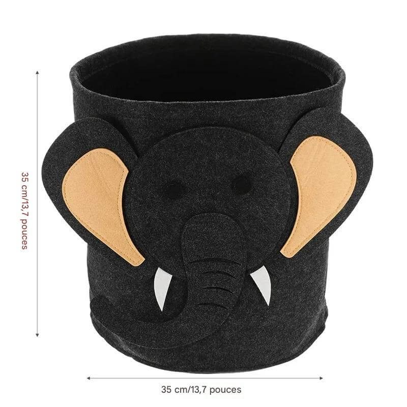 Boîte de rangement enfant 3D avec oreilles et défenses – modèle éléphant noir en feutre avec dimentions