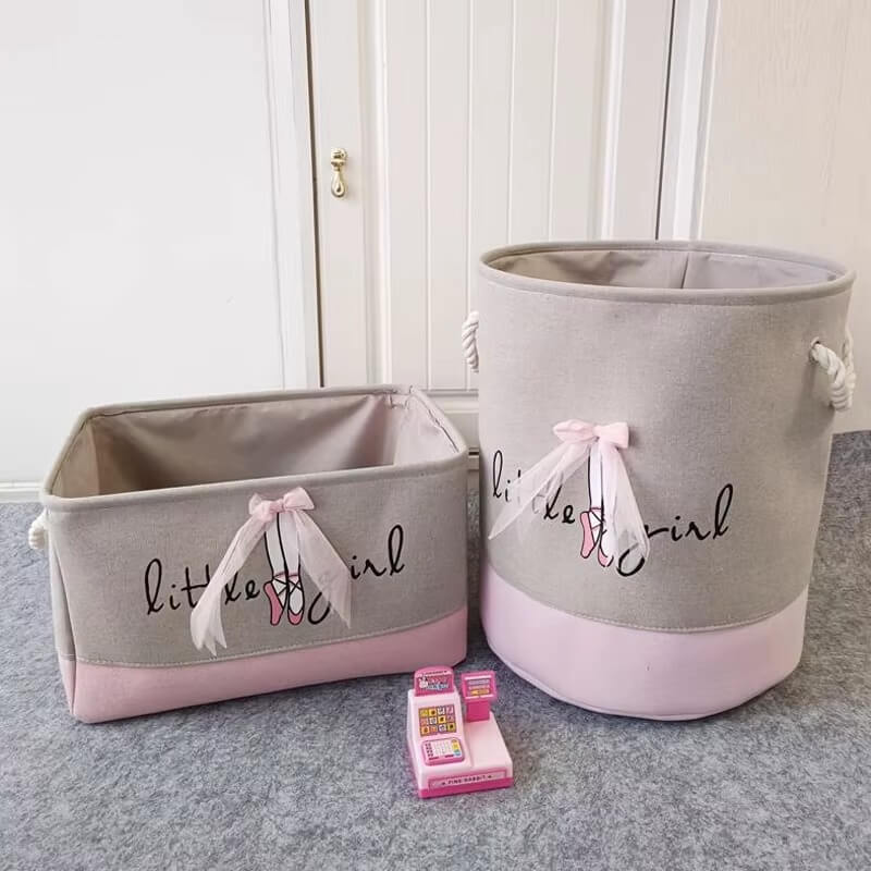 Boîte de rangement mignon pour enfant fille en coton rose avec nœud décoratif, parfait pour organiser la chambre
