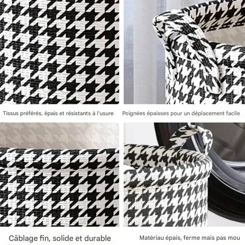 Boîte de rangement pour tissus en matériau épais et résistant, avec poignées solides pour un transport facile.