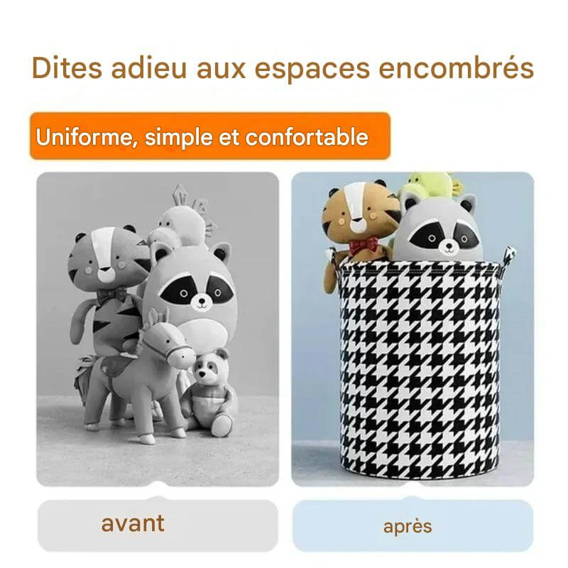 "Avant et après : boîte de rangement élégante pour tissus, transformant un espace encombré en rangement uniforme et organisé.