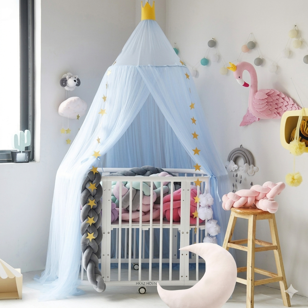 Voile de lit bébé bleu suspendu créant un espace de sommeil apaisant et sécurisé