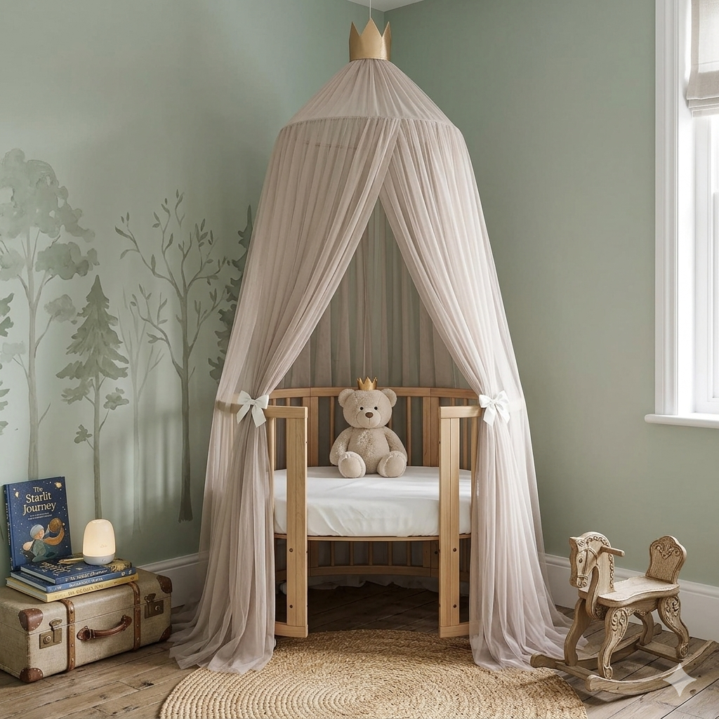 Ciel de lit Khaki Star™ décoratif avec style élégant dans une chambre bébé moderne.
