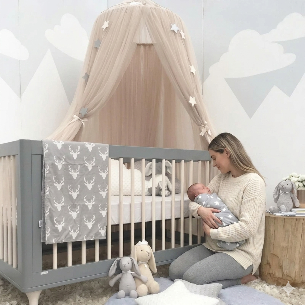 Ciel de Lit Bébé Khaki Star™ en dôme suspendu décoratif avec étoile, ambiance douce pour chambre bébé.