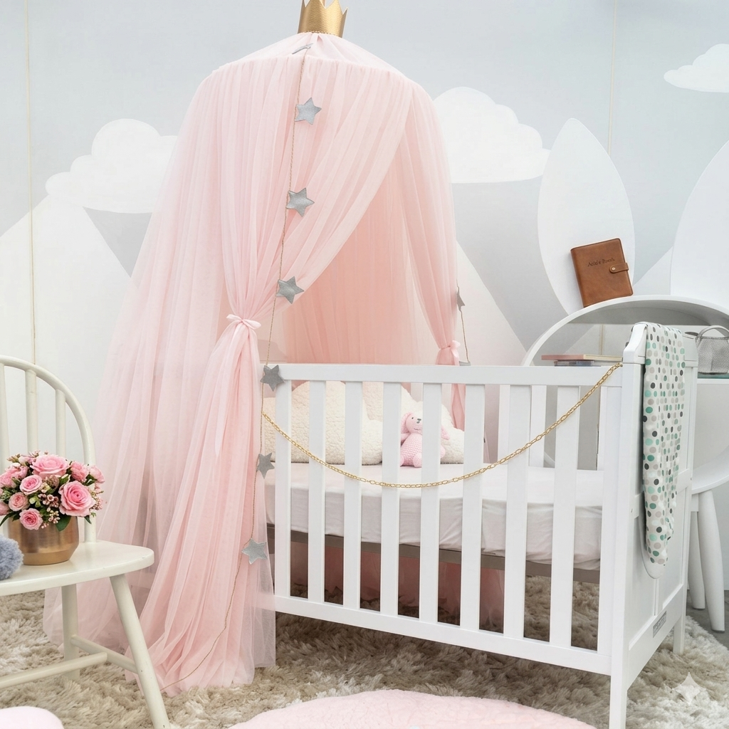 Décoration chambre bébé moderne avec Ciel-de-Lit-Bebe-Pink-Dream moustiquaire suspendue élégante et protectrice"