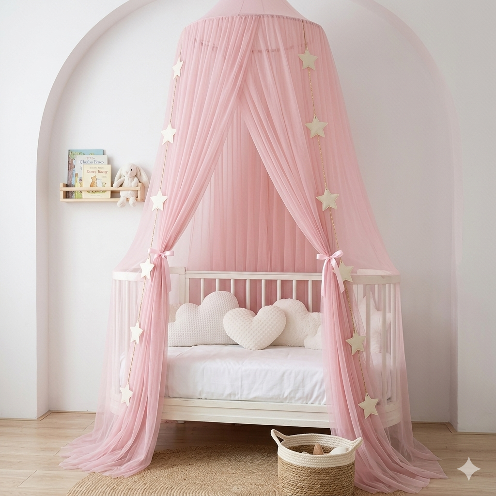 Espace cocooning avec Ciel-de-Lit-Bebe-Pink-Dream™ créant une ambiance rassurante et apaisante dans une chambre d’enfant"