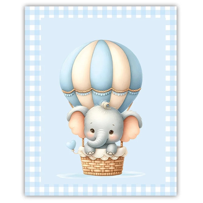 Illustration poétique éléphant montgolfière chambre bébé décoration murale canvas