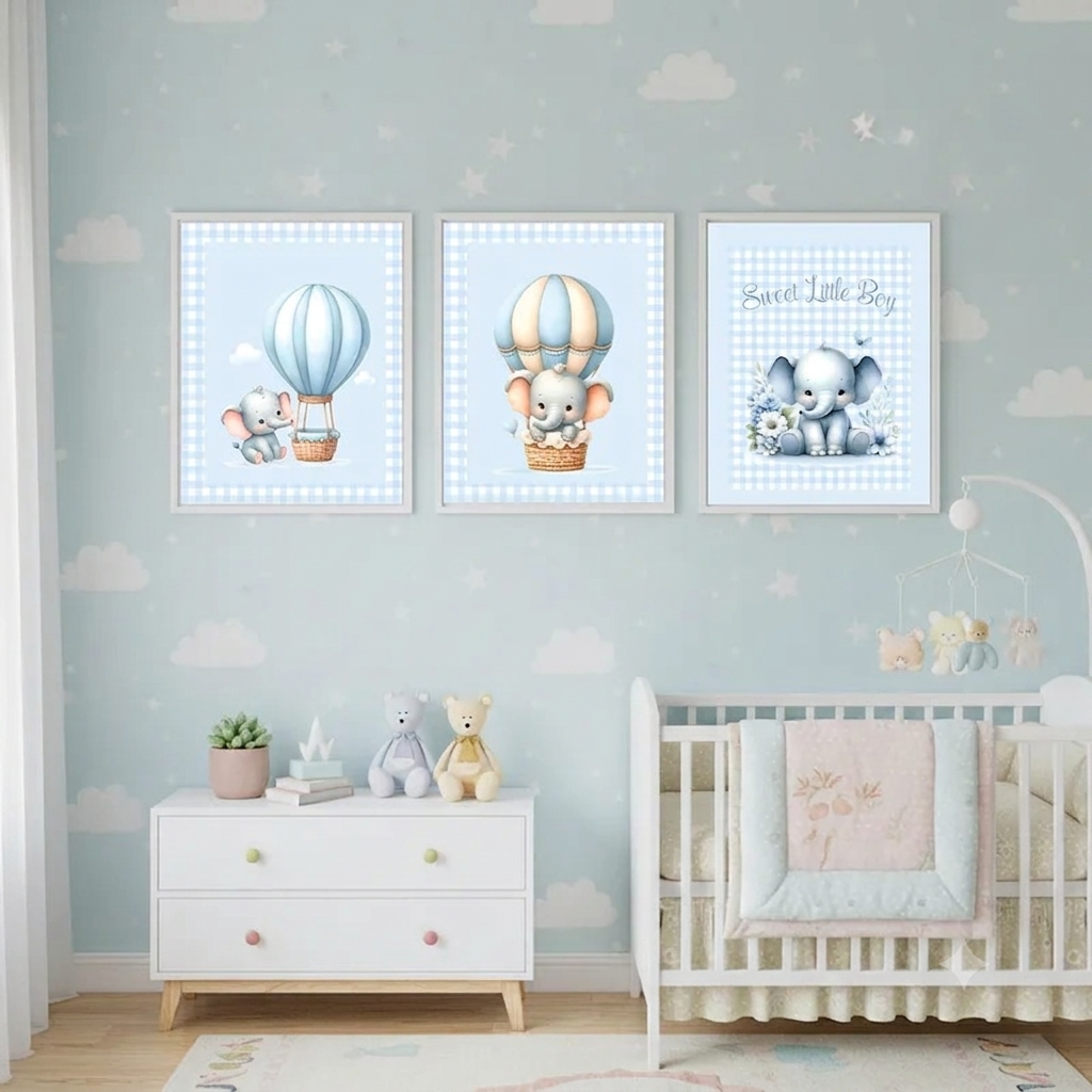 Décoration Murale Chambre Bébé – Éléphant Montgolfière™ sur toile canvas premium avec éléphants et montgolfières pastel.