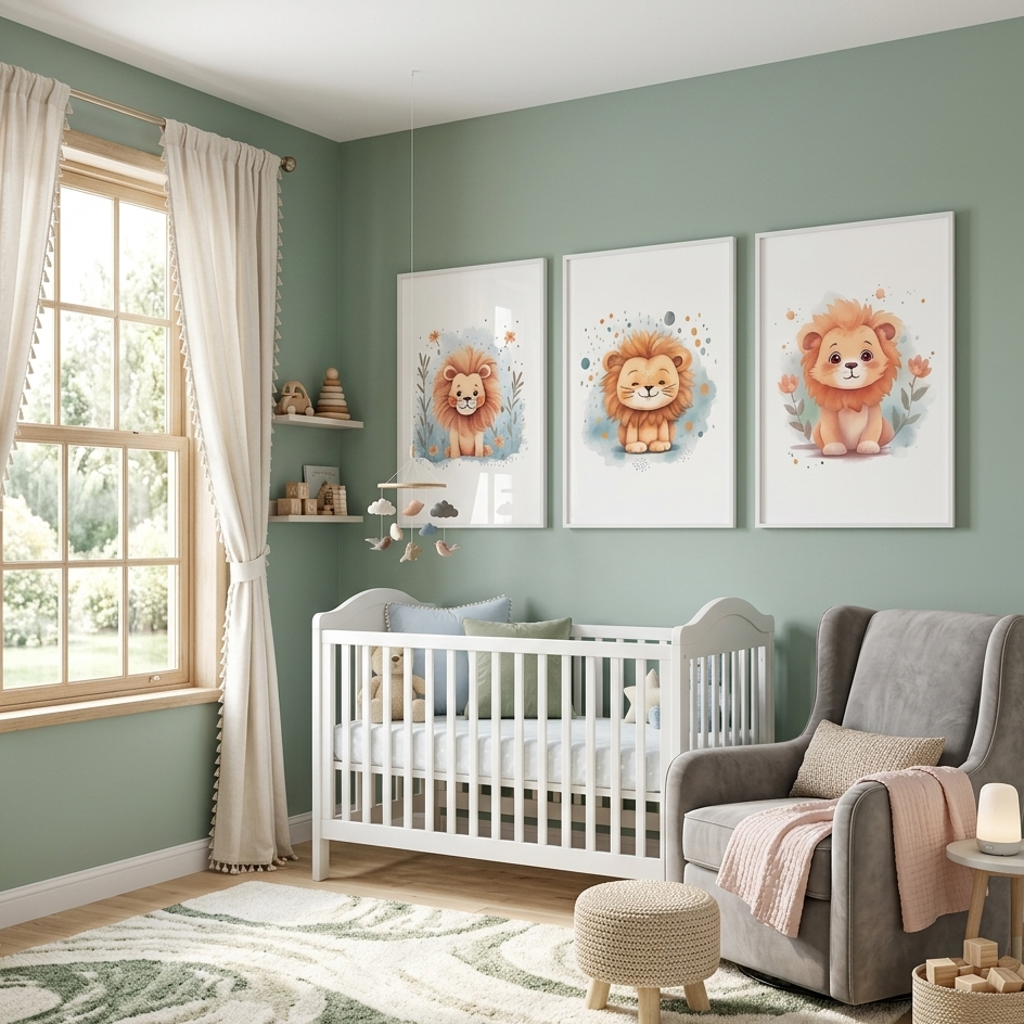 Affiche Lionceau Doux créant une ambiance chaleureuse dans une nursery.
