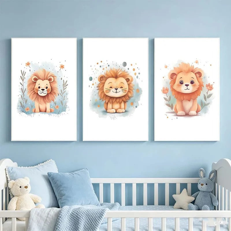 Illustration aquarelle de lionceaux pour décoration de chambre bébé.