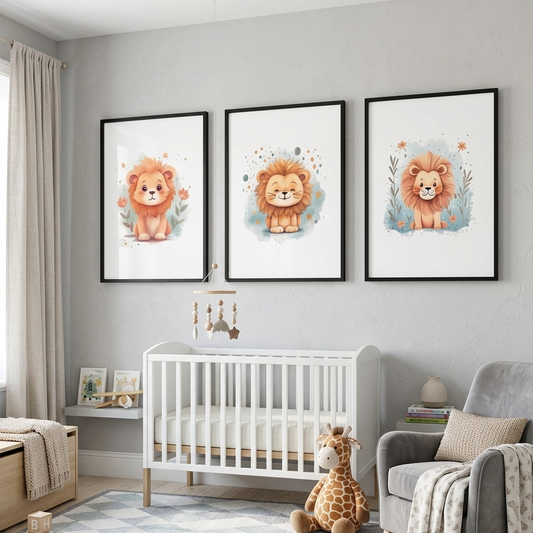Décoration murale chambre bébé Lionceau Doux avec adorables lionceaux aquarelle.