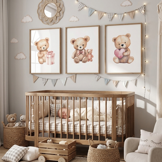Décoration Murale Chambre Bébé – Ours Câlin™ en toile canvas haute définition avec adorable ourson aquarelle.
