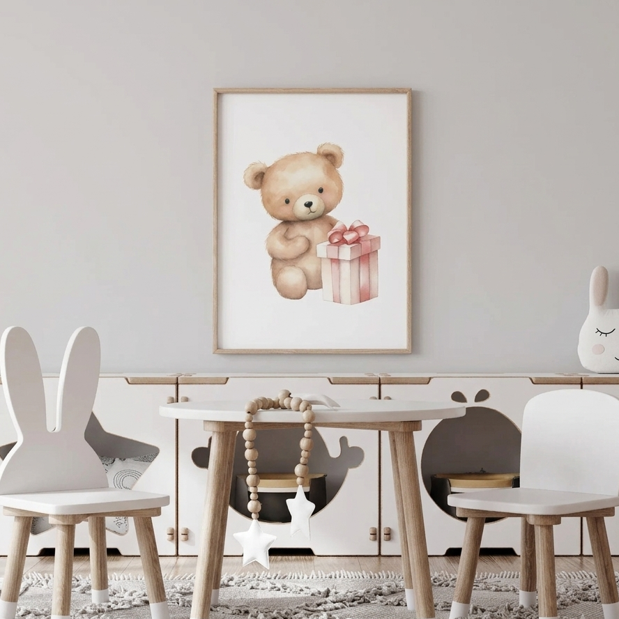 Décoration Murale Chambre Bébé – Ours Câlin™ imprimée sur toile canvas écologique et durable.