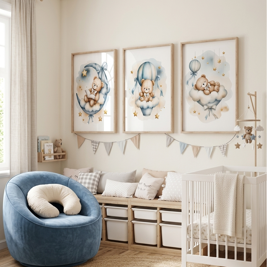 Ourson assis sur une lune avec étoiles dans une décoration murale chambre bébé Ourson Rêveur™