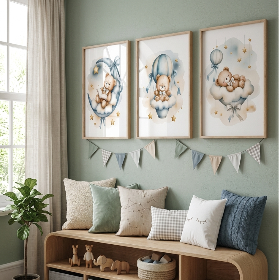 Ourson voyageant en montgolfière dans une affiche décorative pour chambre de bébé.