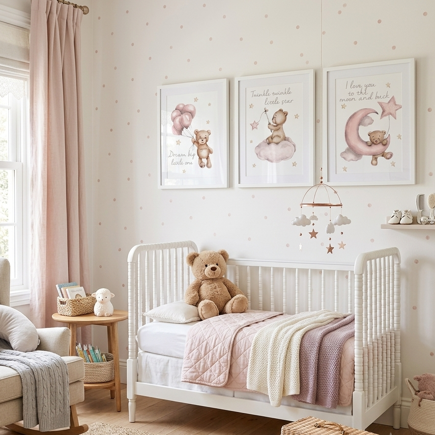 Affiches Ourson Rosé™ créant une ambiance chaleureuse et réconfortante dans la chambre bébé.