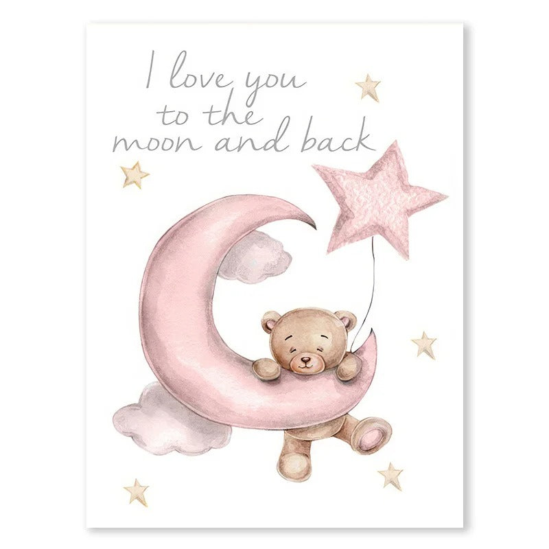Ourson suspendu à une lune rose dans un univers doux et apaisant