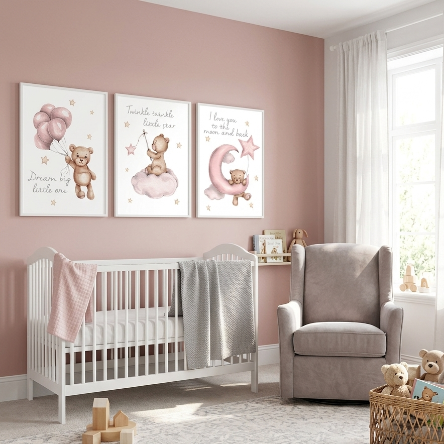 Triptyque mural Ourson Rosé™ avec oursons, lune et étoiles pour chambre bébé.