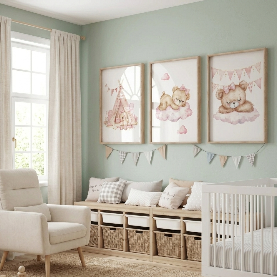 Décoration Murale Chambre Bébé – Pink Bear™ en toile canvas haute définition avec adorable ours rose.