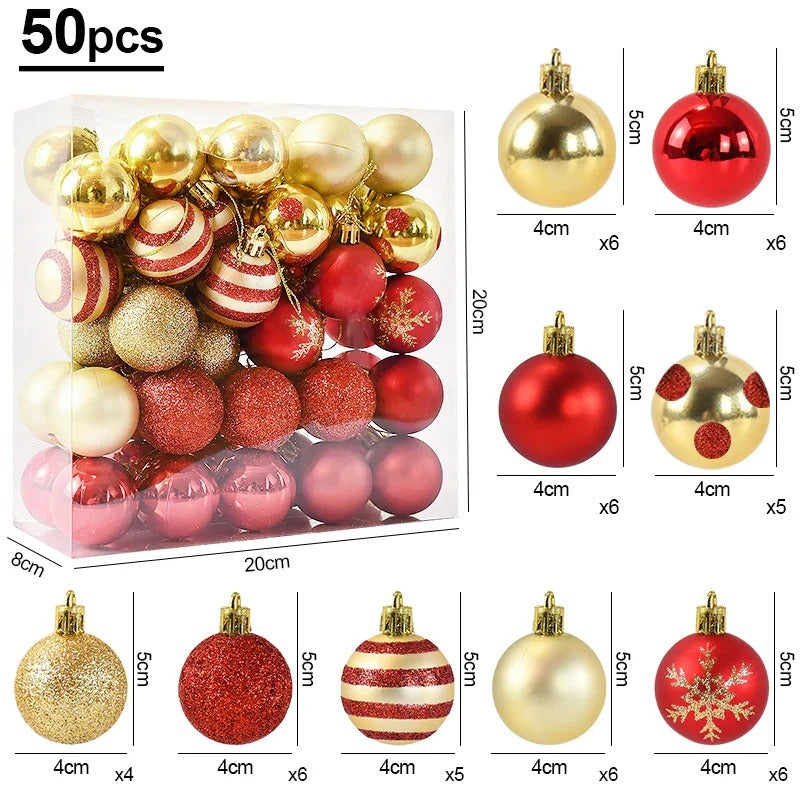 Boules Christmas Éclat Royal™ avec indication des dimensions, décorations rouge et or pour sapin.