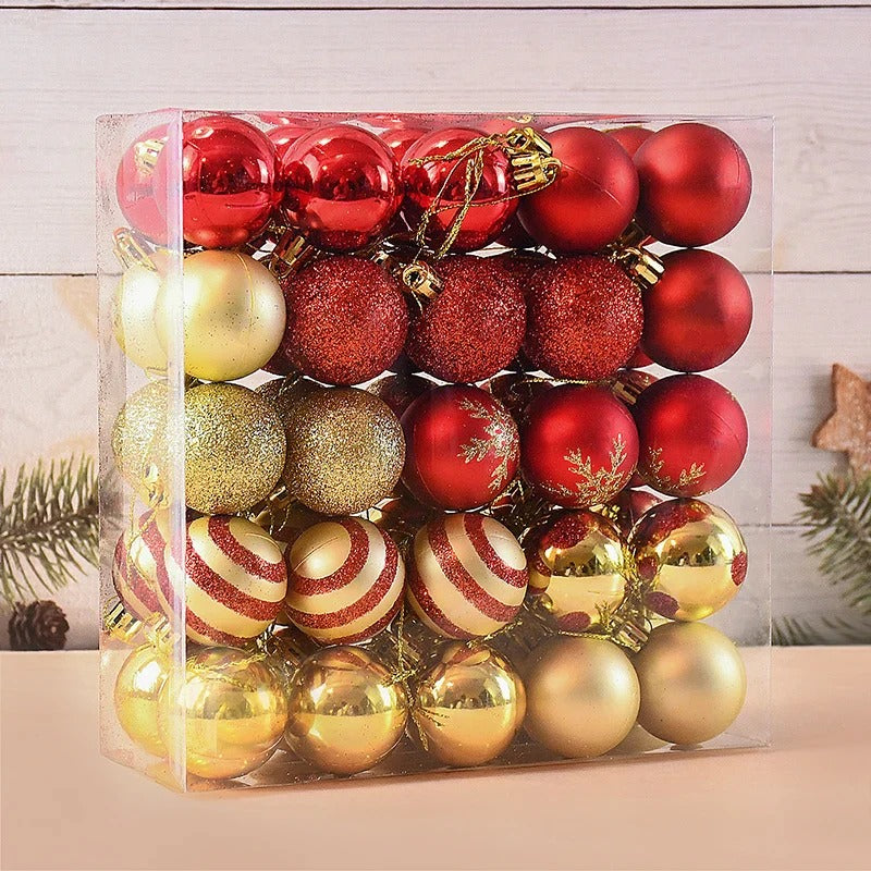 Boîte de 50 Boules Christmas Éclat Royal™, assortiment rouge et or pour décoration de Noël.