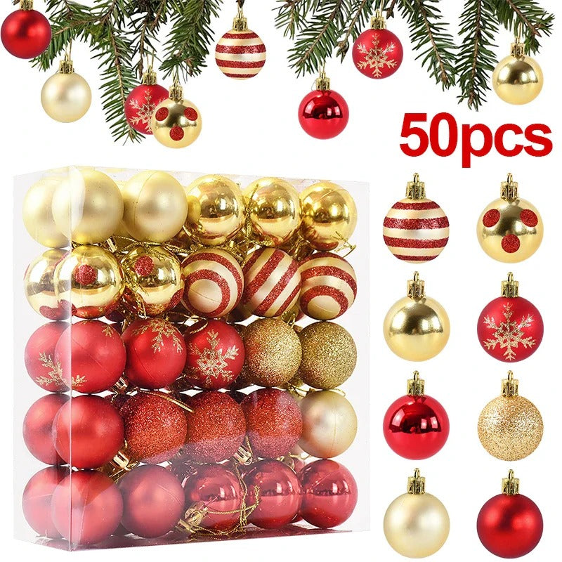 Boîte de boules de Noël rouge et or Éclat Royal™, présentation détaillée du lot de 50 pièces.