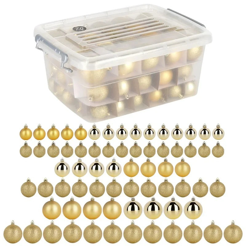 boîte de boules de Noël dorées finition mate, brillante et pailletée, décorations résistantes pour sapin.