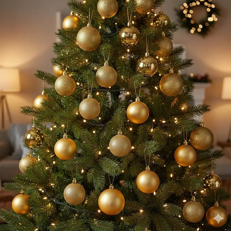Boules de Noël dorées incassables installées sur un sapin, effet lumineux et élégant pour décoration festive."