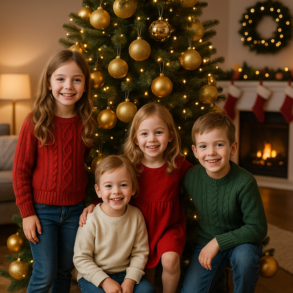 Moment familial : enfant plaçant une boule de Noël dorée sur un sapin festif."