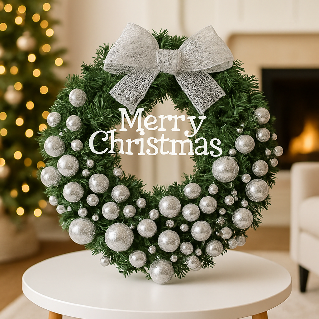 Couronne de Noël argentée avec décorations métalliques et branches denses, style moderne 