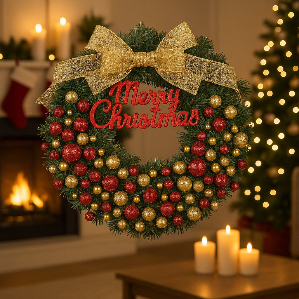 Couronne de Noël or et rouge ornée de décorations dorées et accents rouges, parfaite pour une ambiance festive classique"