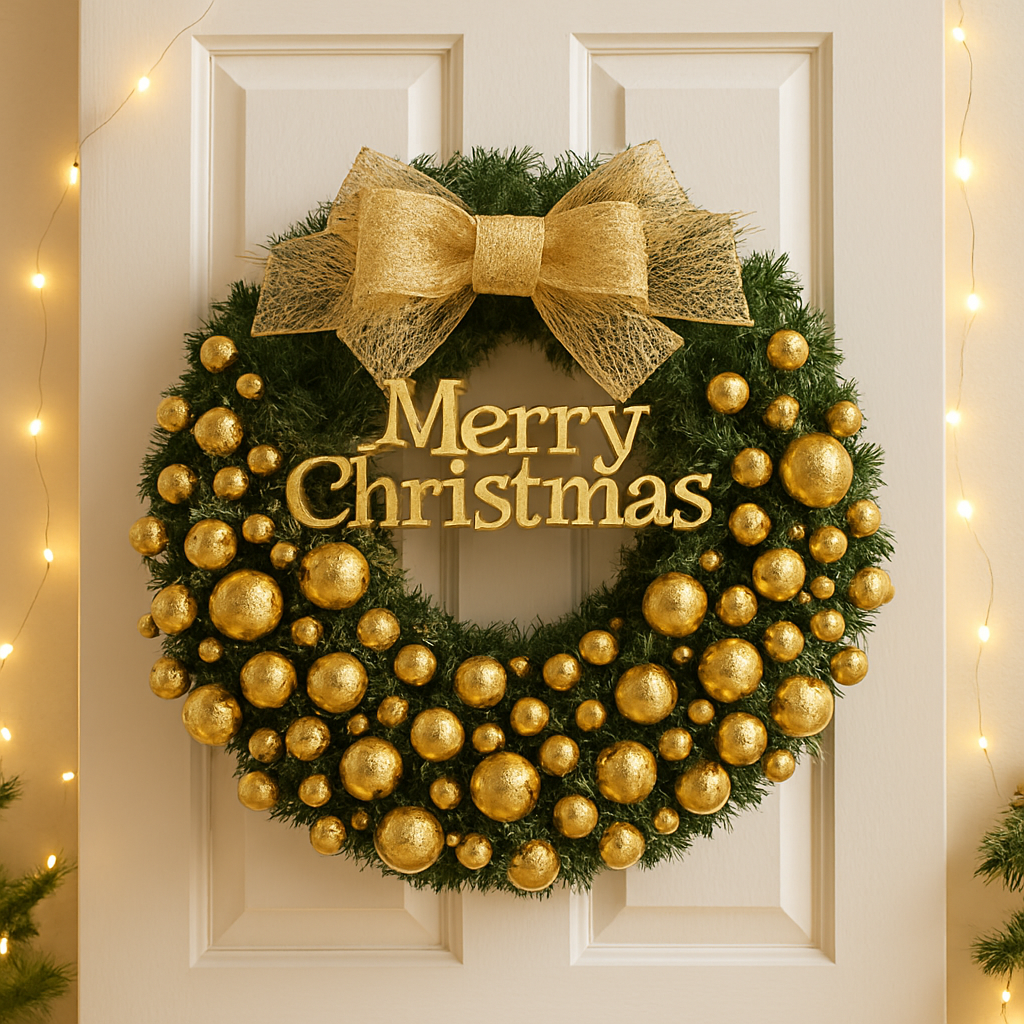 Couronne de Noël couleur or avec ornements dorés et branches vertes, décoration élégante pour porte d'entrée